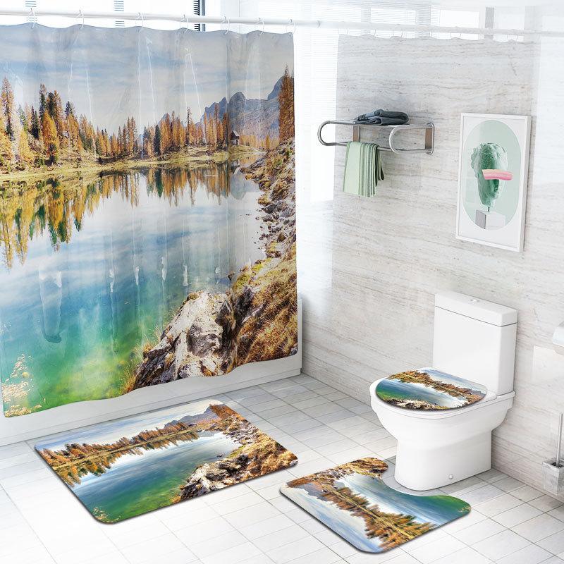 

Landscape 4pcs/set Shower Curtain Pedestal Rug Lid Toilet Cover Mat Bath Mat Set Bathroom Curtains with 12 Hooks