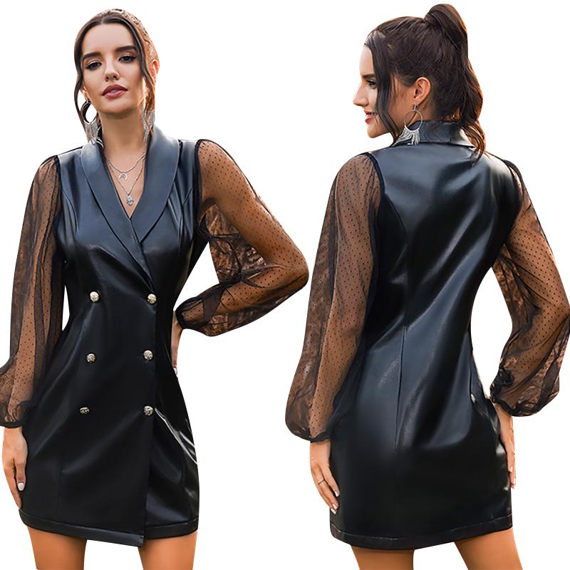 

FY Women' Double Breasted Leather Dress Classic Mesh Long Sleeve Slim Fit Plain Lapel Dress Elegant Ladies Party Dresses, Black