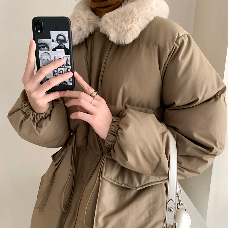 

Juzhi 2020 winter imitation rabbit hair close waist show thin women's cotton padded Korean loose down jacket, White