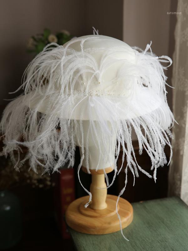 

2020 White Leather Fringe Tassel Fedora Hat Women Satin Wedding Hat Ladies French Style Photo Shoot Bride Hair Accessories1