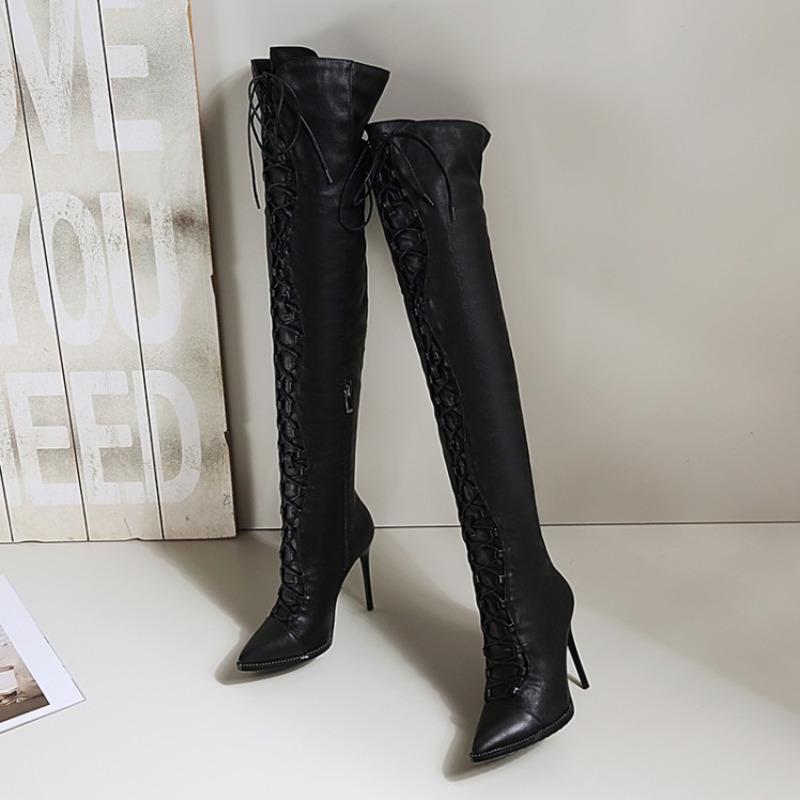 

DEAT 2021 New Autumn And Winter Fashion Casual Black Lace Up Pointed Scalp High Heels Over Knee Boots Women SG792, Black velvet