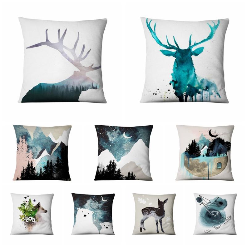 

Home Decoration Pillow Nordic Scandinavian Style Thin Linen Pillowcase Cold Mountain Deer Cushion Decorative Pillow 45*45cm, 16