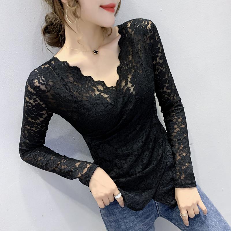 

Women Blouse Lace Long Sleeve 2020 New Sexy V-neck lace top fashion Blouse Shirts harajuku shirt Flowers Women Clothes 77J, Pink shorts sleeve