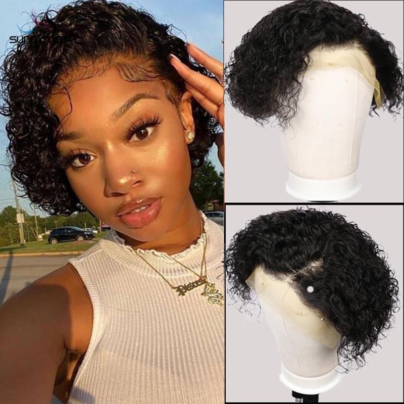 

Pixie Cut Wigs Lace Front Wigs Wavy Short Bob Remy Hair 150% Glueless Curly Human Hair Wig Pre Plucked Hairline Bleached Knot, Black;brown