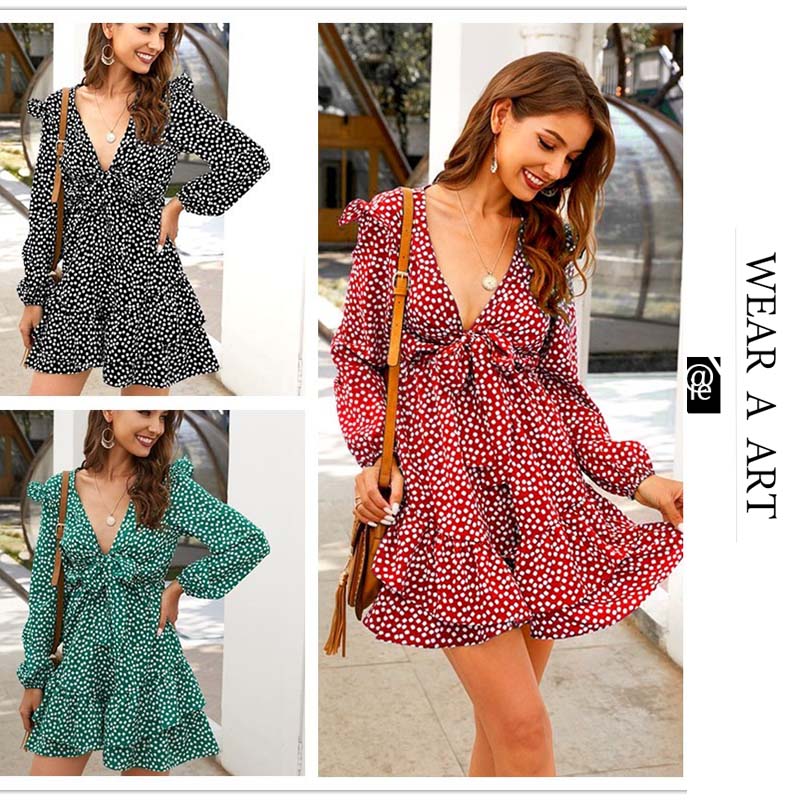 

Women Long Sleeved Sexy Dress Girls Floral Skirt Lady V-neck Low-cut Underdress Lace Flounces Mature Fashion Spot Print Decorate Spring Autu, Black