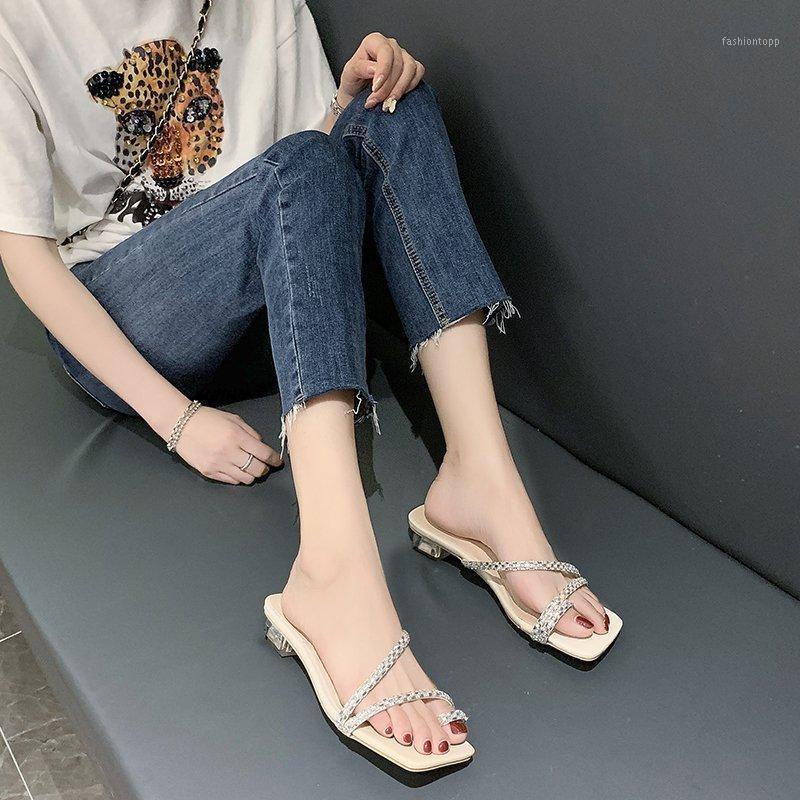 

Clear Low Heel Slippers Women Shoes Summer Rhinestones Clip Toe Slippers Women Transparent Heel Sandals Narrow Band Sandals1, Beige