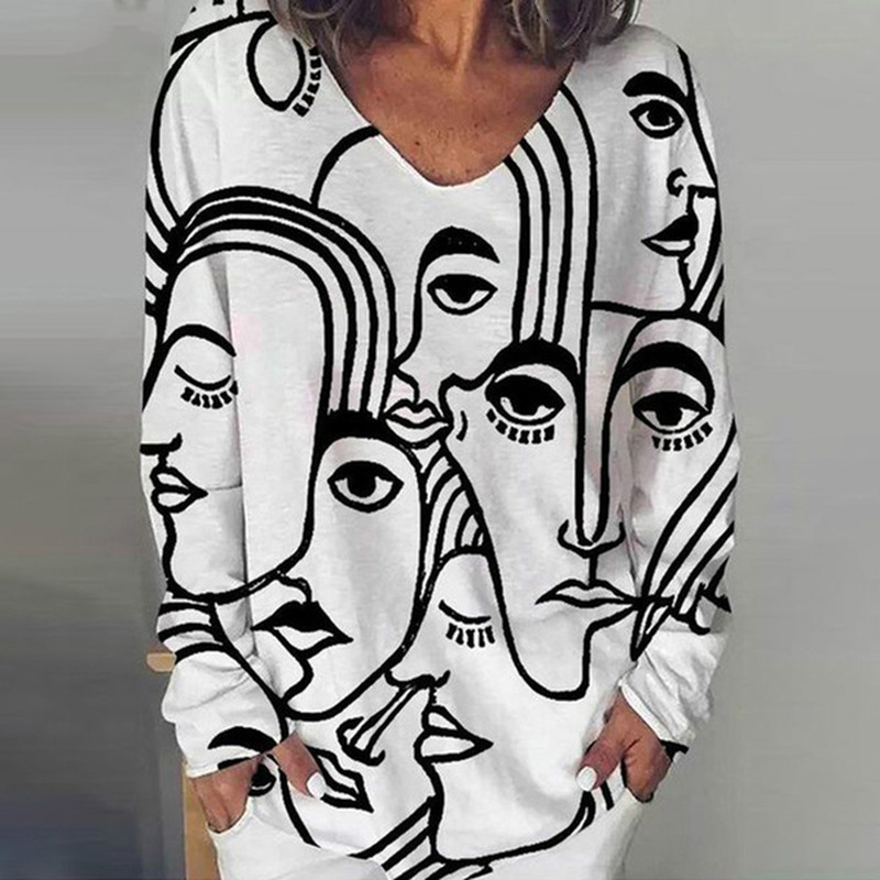 

2021 New Shirt Spring Fashion Loose Long Character Printed Neck Plus Size Tops Sweater Women's Shirts HXRX, White