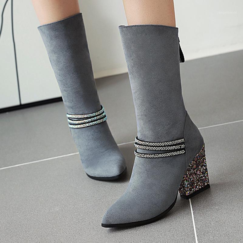 

AIWEIYi Women Boots Black Faux Suede Boots High Heels Glitter Mid Calf Zipper Platform Woman Booties Botas Mujer1