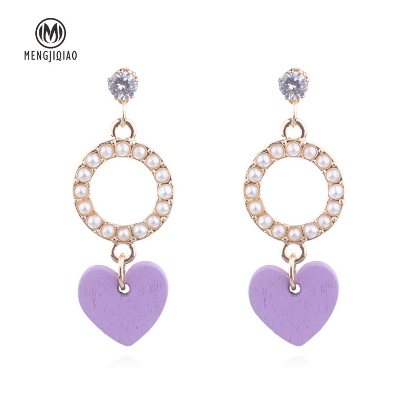

MENGJIQIAO 2021 New Korean Fashion Wooden Love Heart Drop Earrings For Women Shiny Rhinestone Simulated Pearl Circle Pendientes