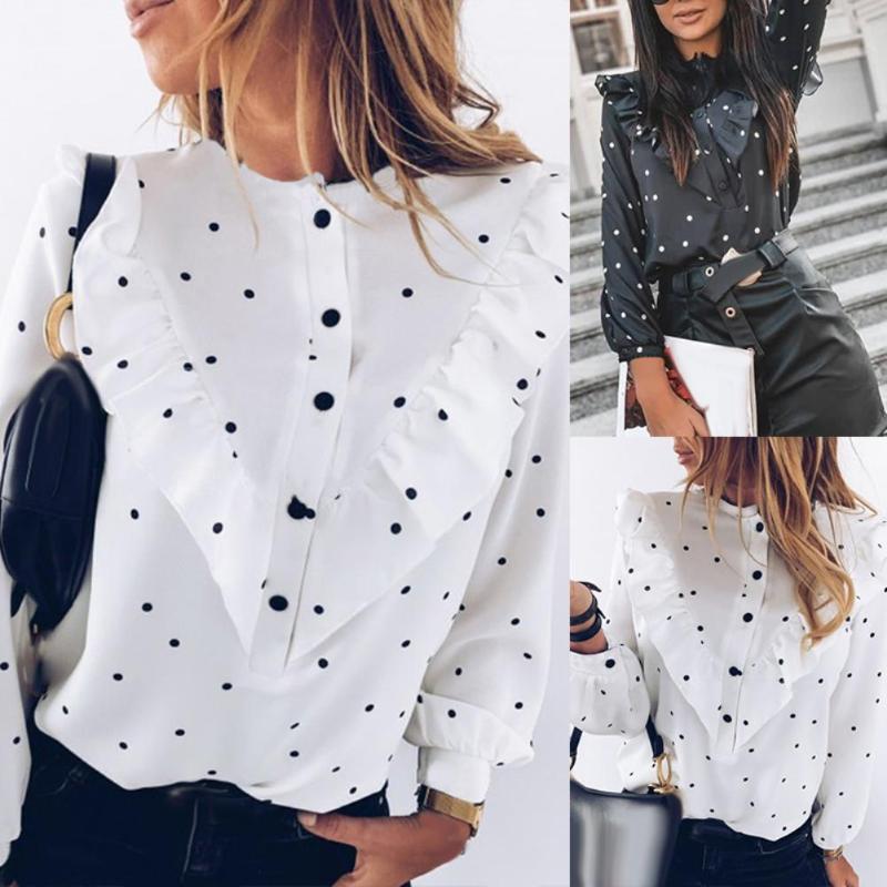 

Office Lady Polka Dot Print Long Sleeve Blouse Cuff Tied Buttons Ruffled Shirt Long Sleeve Turn-down Collar Blouse Work Shirt, White