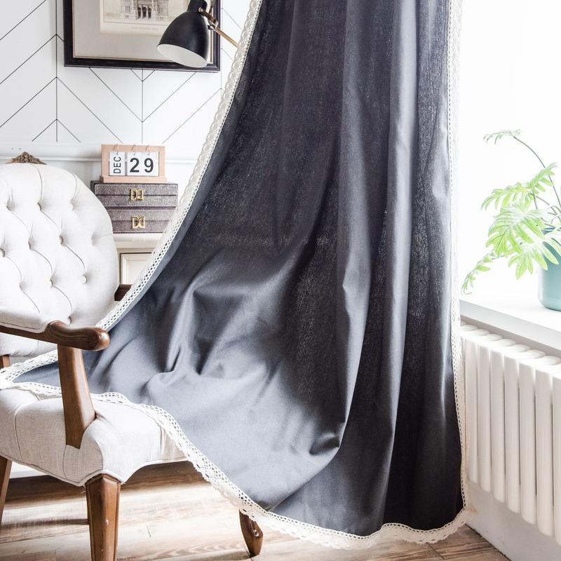 

Curtain finished gray plain lace side small window kitchen curtain cotton linen semi shading bay window single piece, Grey solid color
