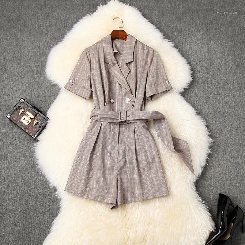 

2020 Summer New Women Fashion Temperament Vintage Plaid Bandage Beading Decoration Jumpsuits Safari Style Bodysuits1, As picture