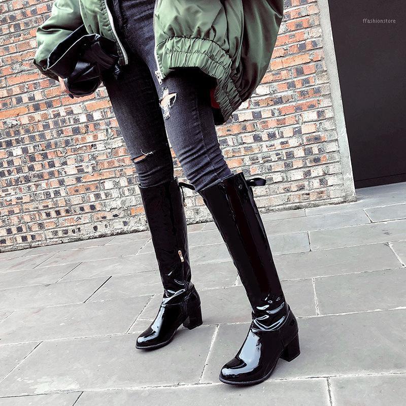 

women knee high boots booties shoes woman shiny patent leather autumn warm shoe chaussures femme zapatos mujer sapato NH3401, Black