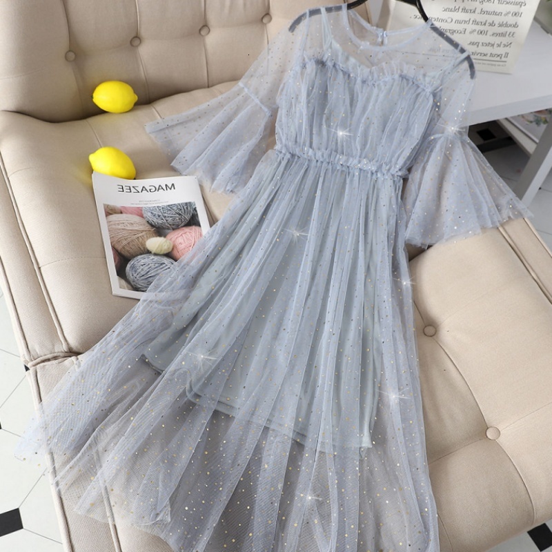 

Korean Enlargement Sequins Dressed As Elegant Girly Party Around the Neck 2 Sexy Mesh Pieces Midi Dress 2021 Ek1z, Pink.