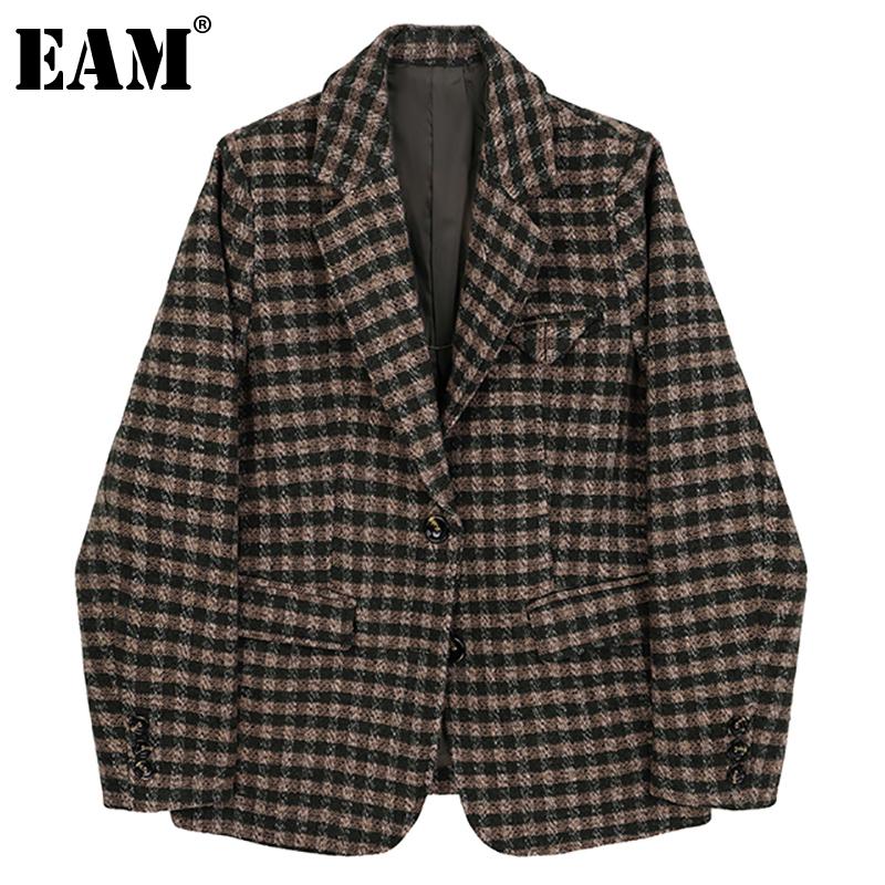 

EAM] Loose Fit Brown Plaid Vintage Big Size Woolen Coat Parkas New Long Sleeve Women Fashion Tide Autumn Winter 2020 1DD1071