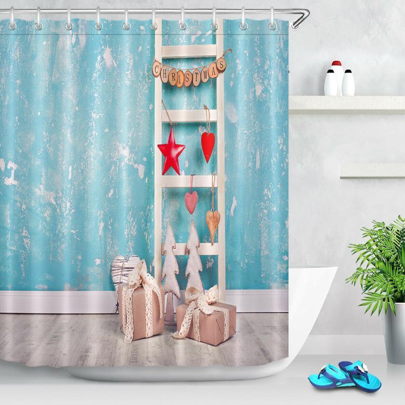 

Christmas Blue Wall Wood Ladder Bathroom Shower Curtain Set Waterproof Fabric1