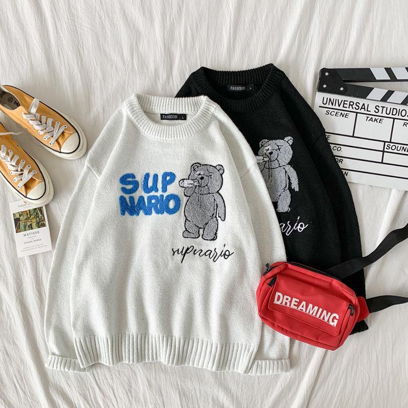 

T-neck sweater loose and lazy Korean fashion personalized sweater, Black