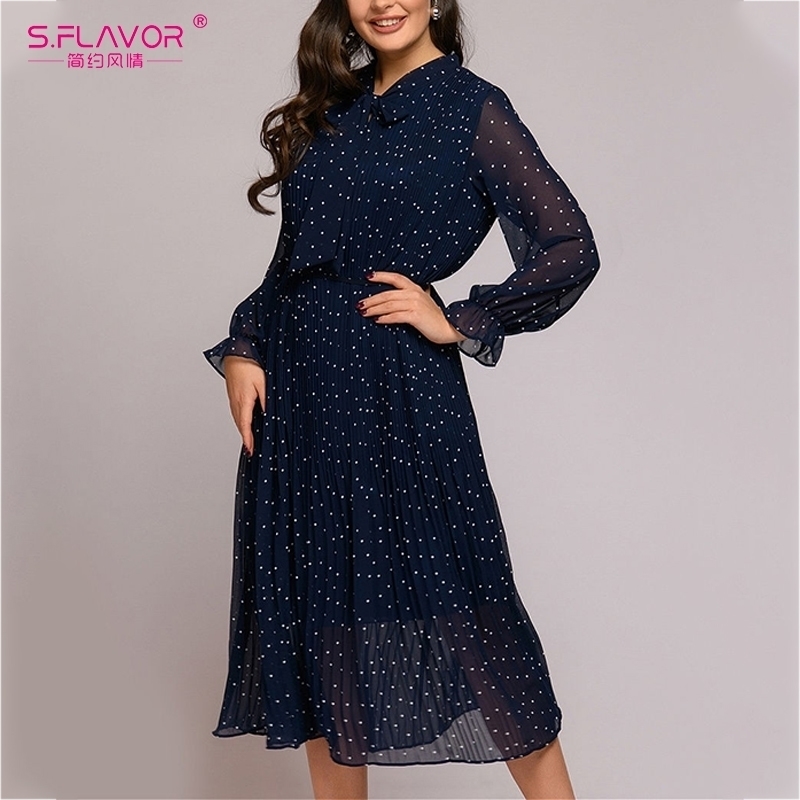 

FLAVOR Dot Print Chiffon Dress Bow Neck Long Sleeve Loose Mid-length Pleated Dress A-line Chic Feminine Autumn Winter Dress 201006, Green