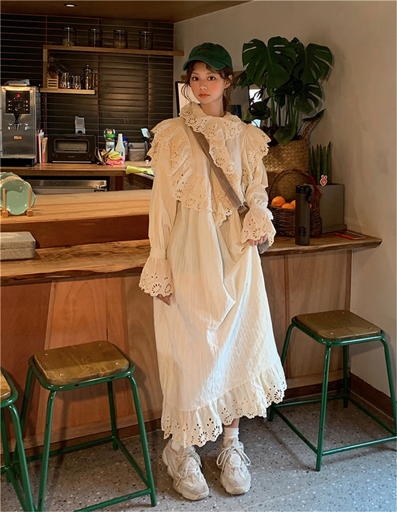 

2021 New White Female Korean Retro Sweet Frilly Embroidered Harajuku Loose Oversized Extension Dress Long Sleeve UXAJ