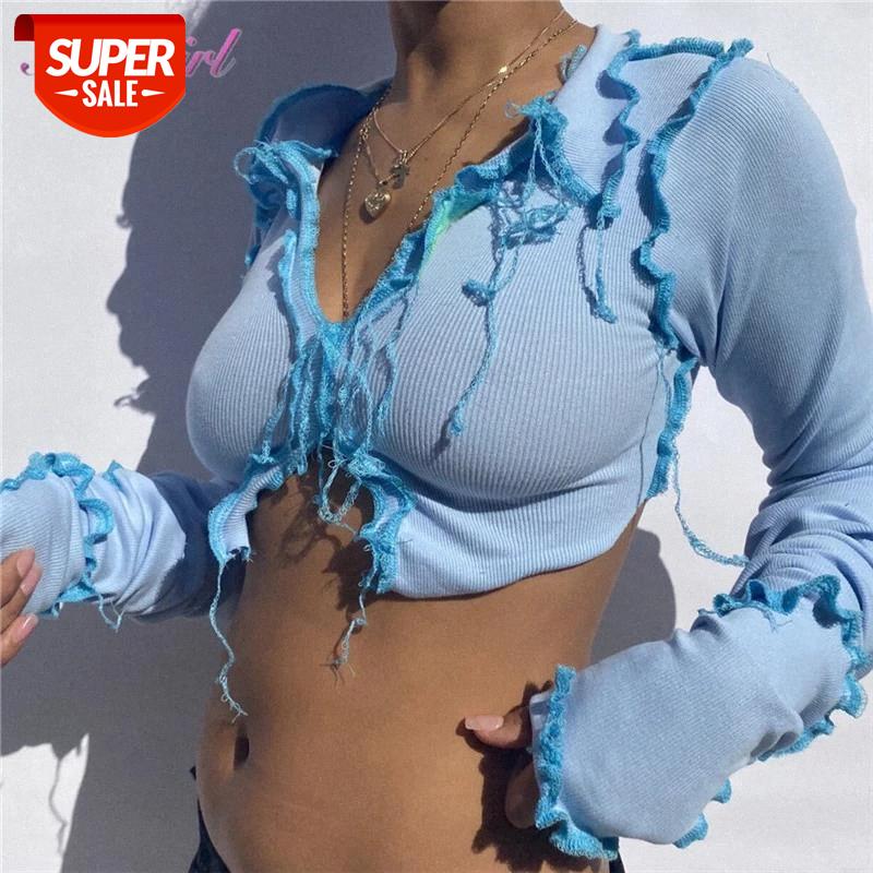 

Casual Long Sleeve Patchwork Cut Out Sexy Crop Top Autumn Winter Women Fashion Streetwear Outfits Tshirts Club Tees #eV7C, White