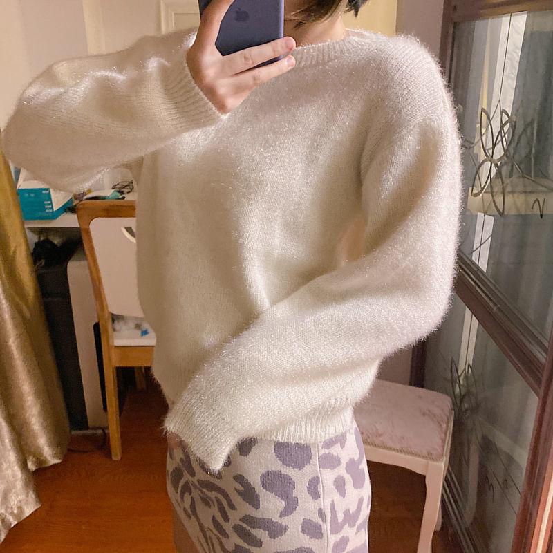 

2021 Women Autumn Winter New Solid Knitted Blouse Female Vintage O-neck Long Sleeve Short Pullovers Lady Casual Slim Sweater D95, White;black