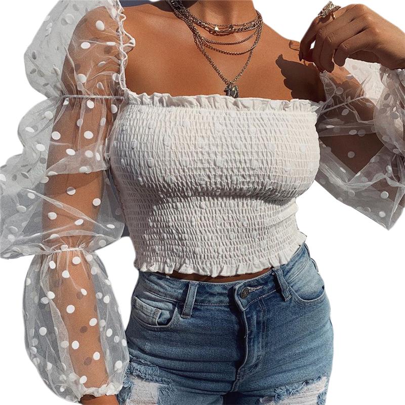 

Women Blouses Sexy See-through Puff Sleeve Wrap Chest Tops Shirts Ladies Shirt Womens Clothing Ruffle Office Lady Blouse Costume, As photo shows