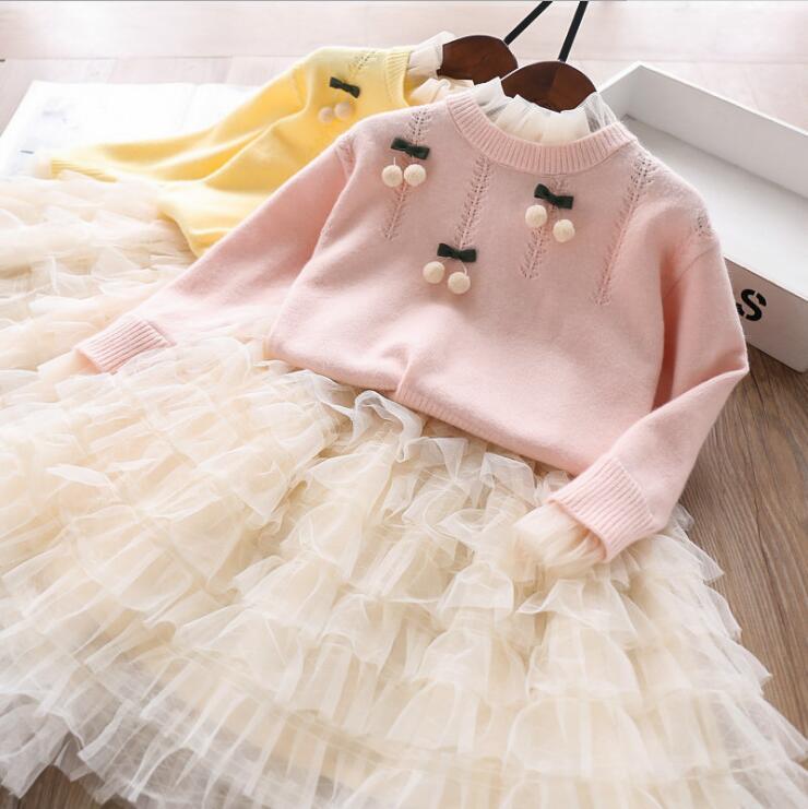 

elegant girl sets wholesale baby girls ball pure color sweater+tulle cake tutu skirts 2pcs set chldren suit outfits kids clothes, Pink