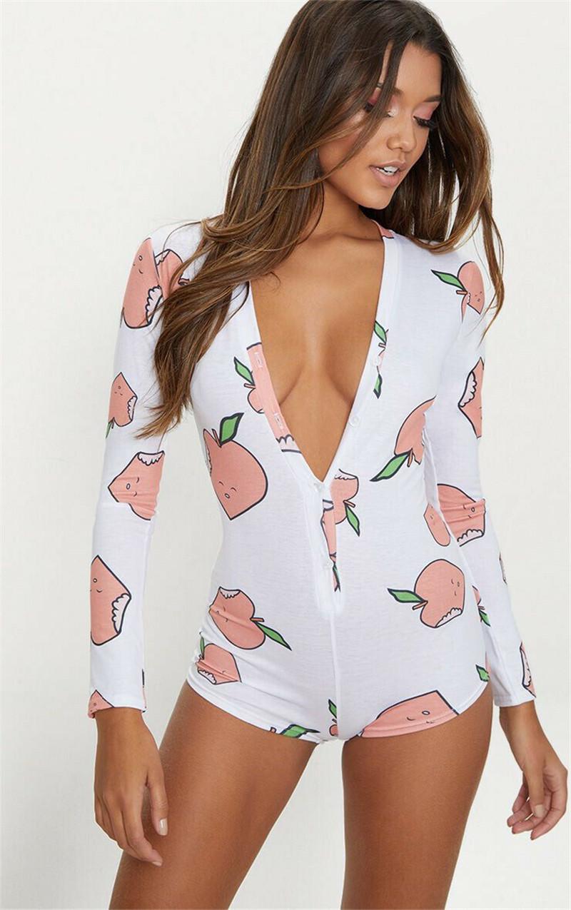 

2020 Women Long Sleeve V Neck Printed Playsuit Jumpsuit Romper Shorts Sleepwear Pajamas Suit, Peachy