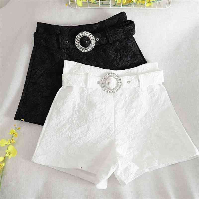 

Rhinestone Shiny Belt Short Pants Boots Shorts Fashion Women High Waist Wide Leg Pants, White;black