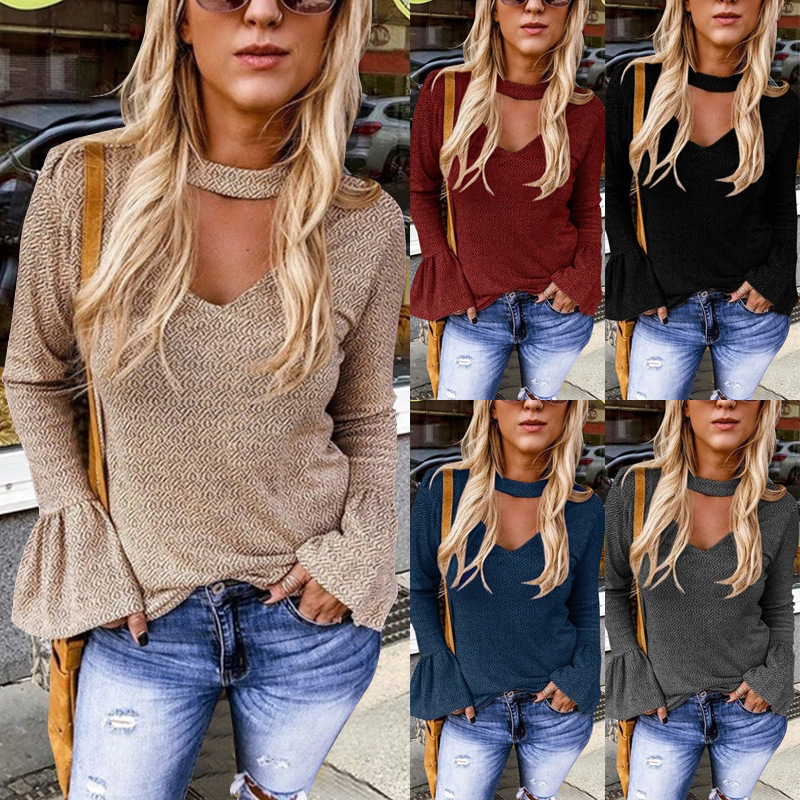 

Women Solide Uitgesneden Choker Hals Vrouwen T-shirt Lente Elegante Lange Mouw Flare Mouw T-shirt Tees, White
