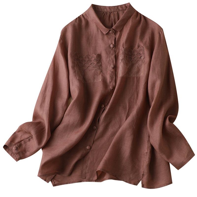 

SHUCHAN Shirts Women 2021 Ramie Turn-down Collar Patchwork Solid Women's Long Sleeve Tops Young Style Button Up Shirt, Brown