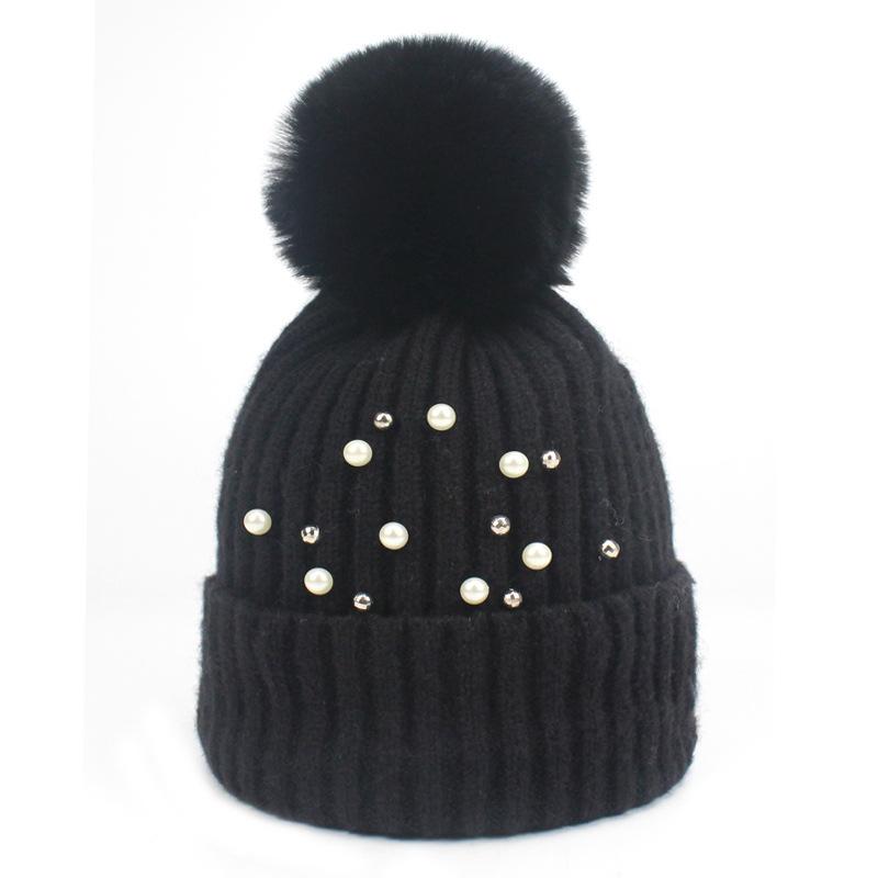 

Autumn and Winter Fake Ball Wool Hat Trendy Pearl Knit Hat Women's Warm Beanie Faux Fur Ball Cap