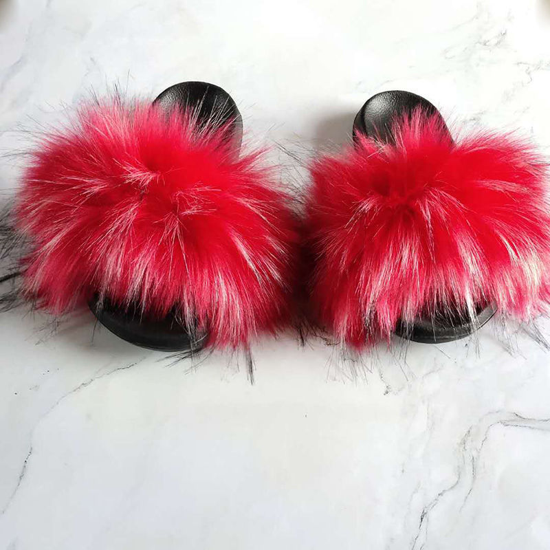 

Hot Women Faux Raccoon Fur Fluffy Slippers Furry Fox Hair Sandals Woman Flat Non Slip Plush Slides Casual Beach Outside Shoes X1020, 17