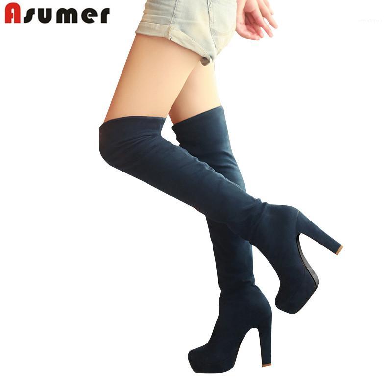 

ASUMER Big size 34-43 2020 fashion autumn high heels round toe platform thigh high women boots thigh over the knee boots1, Black 1