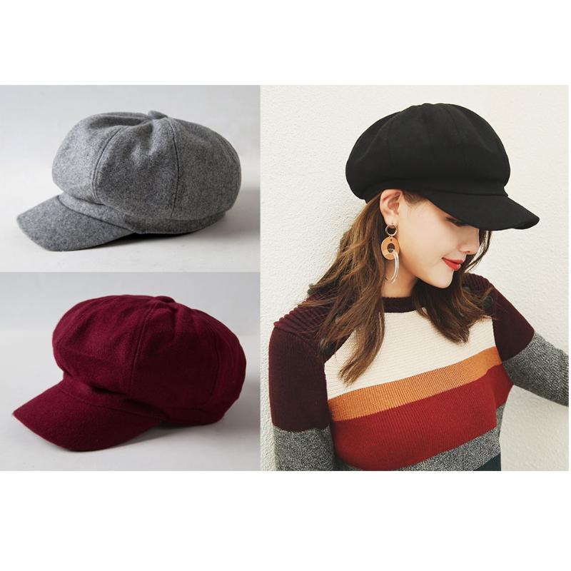 

Female Autumn-Winter Woolen Beret Cap Women's Octagonal Cap, Black