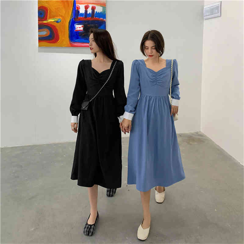 

Womens Slim Long Sleeve Dress French Retro Square Collar Dress Spring And Autumn Fashion One-piece Korean Casual, Black;gray