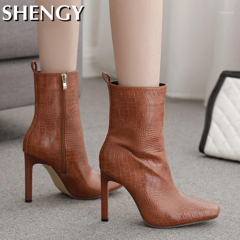 

Winter Ladies High Heel Ankle Boots Casual Solid Color Crocodile Pattern Shoes Female Small Square Toe Zipper Women Booties1, Brown