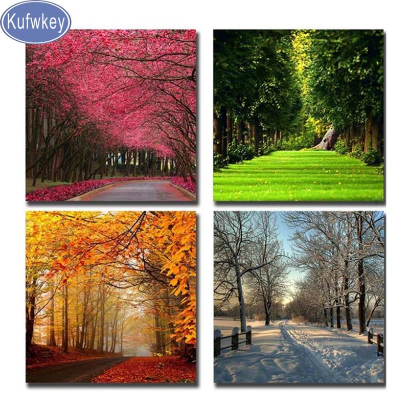 

Paintings 5D Diy Diamond Painting For Living Room Decor Four Seasons Scenery 4pcs/set Stitch Cross Full Embroidery Mosaic Crafts