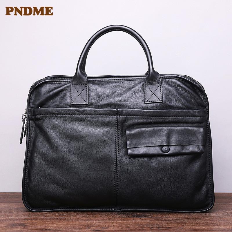 

PNDME high quality natural genuine leather men's women's briefcases casual laptop handbags fashion real cowhide messenger bag, Black