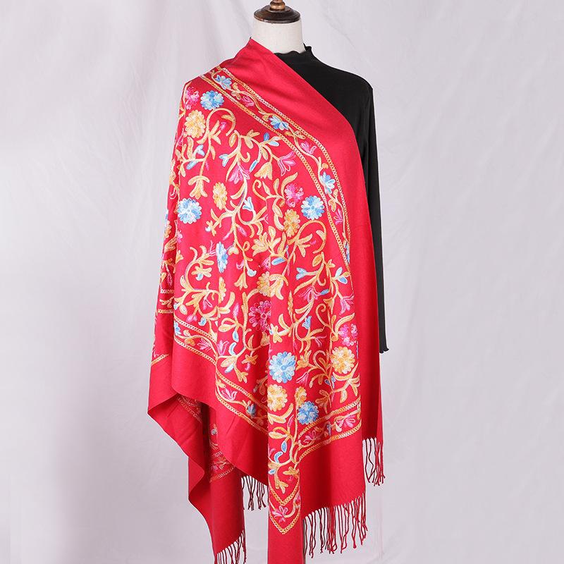 

Autumn and winter embroidered water plants and flowers ethnic style cashmere scarf for women, thick warm embroidered big shawl Y
