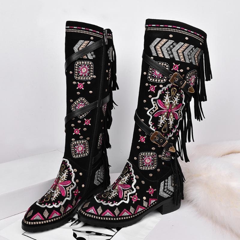 

SaraIris Fringe Zip Embroider Chunky Heels Boots Women 2020 Classic Rivet Boots Ladies Mid Calf Shoes1, Black