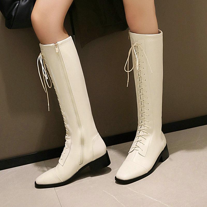

New Winter High Quality Women Shoes Knight Boots Round Toe Ladies Shoes Fashion Lace-up Decorative Side Zipper High Boots, Black