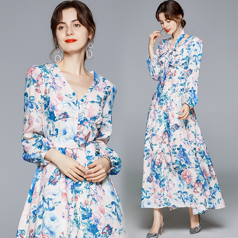 

2021 New Merchall Autumn Runway Women V-neck Sleeve Single Breasted Print Long Maxi with Belt Zkxg, Blue
