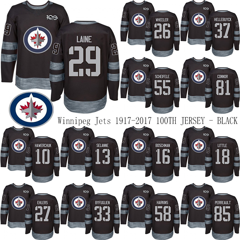 

Winnipeg Jets 1917-2017 100TH Anniversary Black Jersey 29 Patrik Laine 26 Blake Wheeler 33 DustinByfuglien 55 Mark Scheifele Hockey Jerseys