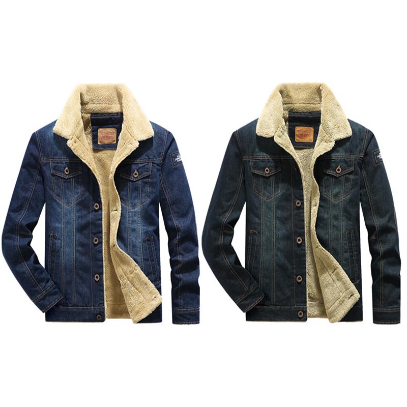 

Men's denim jacket Winter thickened warm cotton jacket casual fashion tops slim and versatile biker denim outer, Dark blue