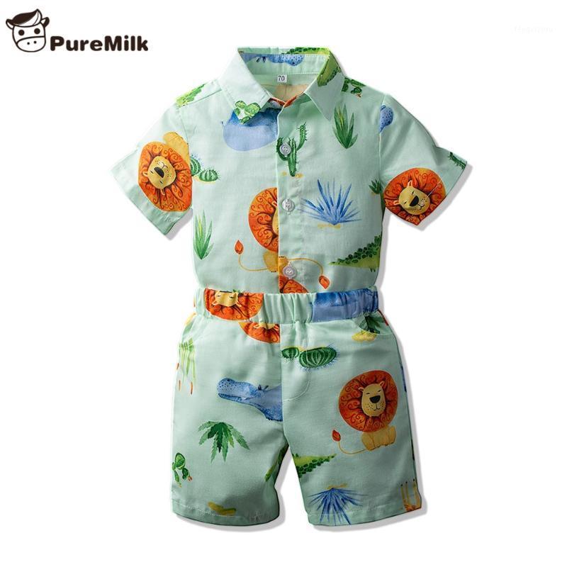 

PureMilk Baby Boys Clothes 2PCS Set Short Sleeve Tshirt+Shorts Casual Lion Printed Clothing Set1, Blue