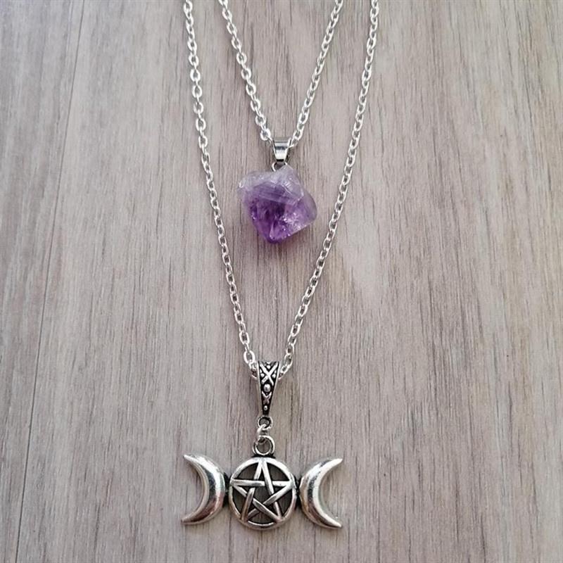 

Pendant Necklaces Triple Moon Goddess Of The Pentagram Natural Stone Necklace Witch Pagan Mysterious Gothic Women's Gift, Silver