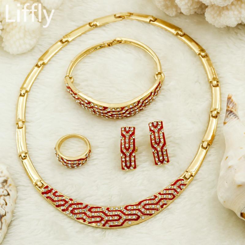 

Earrings & Necklace 2021 Fashion Italy Crystal Red Stripe Enamel Jewelry African Beads Set Dubai Bridal Sets1, Golden