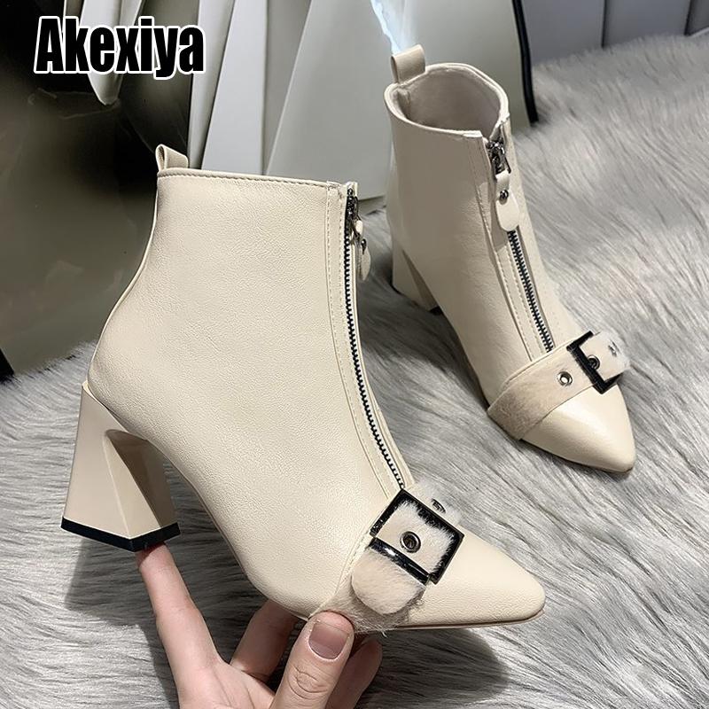 

Women Boots Autumn PU Leather Chunky Heels Ankle Boots Fashion Pointed Toe Short Boot Zipper Casual Winter Plus Size p683, Beige