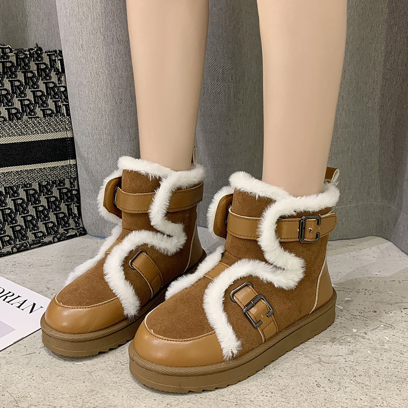 

Top winter hairy skin hot women's fashionable snow buckle ankle boots woman's flat shoes short ladies 41, Light brown